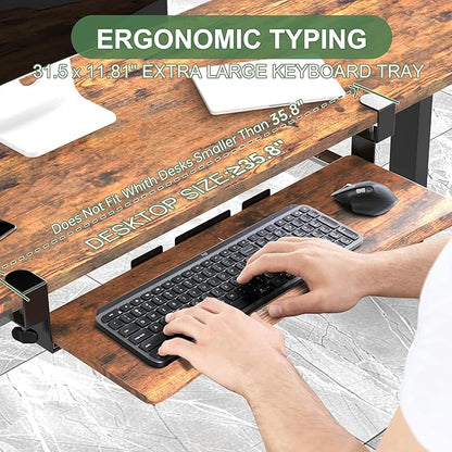 UPGRAVITY Extra Large Keyboard Tray Under Desk - Slide Out with Sturdy C-Clip Mount System, Extra Wide 31.5" (35.8" Including Clamps) x 11.8" Pull-Out Keyboard Computer Drawer, Rustic Vintage Brown