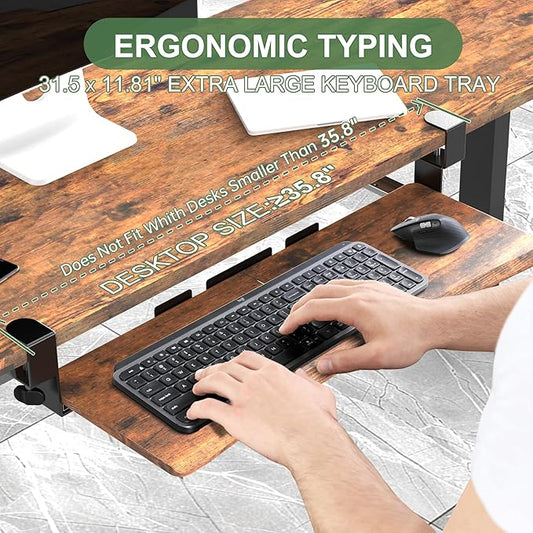 UPGRAVITY Extra Large Keyboard Tray Under Desk - Slide Out with Sturdy C-Clip Mount System, Extra Wide 31.5" (35.8" Including Clamps) x 11.8" Pull-Out Keyboard Computer Drawer, Rustic Vintage Brown