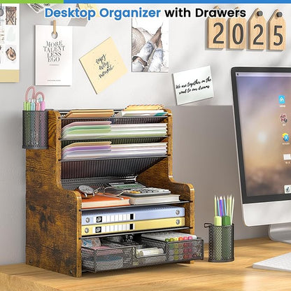 DAOUTIME 6-Tier Mesh Desk Organizer with Drawer, Wooden Office Organizer for Papers, Folders & Office Supplies - Sturdy Desktop File Holder with 2 Pen Holders - Space Saving Home Office Accessories