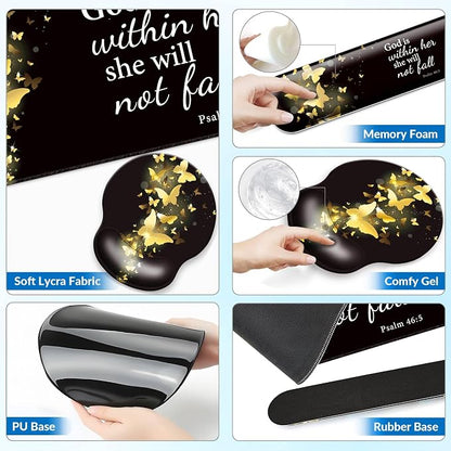 Desk Mat Set + Keyboard and Mouse Pad with Wrist Rest Support,4-in-1 Large Mousepad Computer Mats for Desktop Home & Office-Golden Butterflies