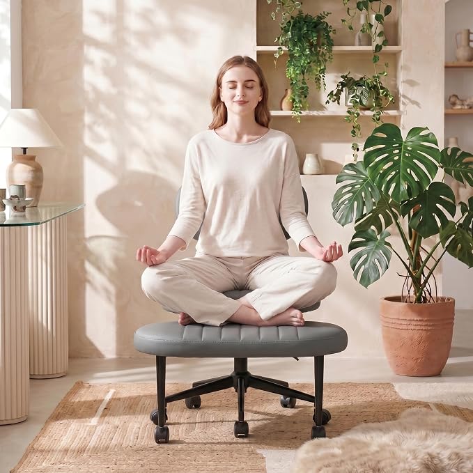 Cross Legged Office Chair with Wheels, 360 Swivel Height-Adjustable Meditation Chair with Lumbar Support, PU Leather, Gray