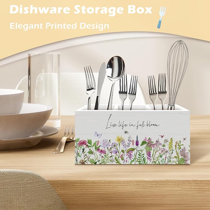 Rustic Spring Floral Pen Holder Organizer, Spring Desk Decor, Live Life in Full Bloom Wildflower Motivational Wooden Pen Pencil Holders for Home Office Desk Accessories