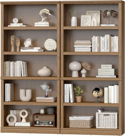 blini Wooden Bookshelf and Bookcase 5-Shelf Double Wide Large Bookshelves Vintage Oak Bookcase Tall Bookshelf for Living Room, Home Office, Library (Vintage Oak, 5-Shelf)