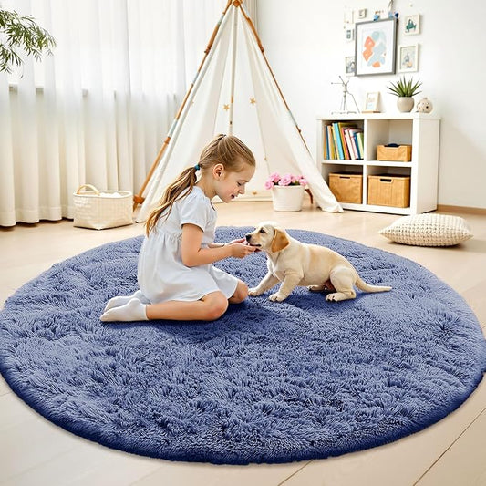 OLANLY Denim Blue Round Rugs for Bedroom - Machine Washable, 7 ft Circle Area Rugs for Living Room, Soft and Fluffy Shaggy Carpet for Teen Girl and Boys, Nursery Rooms, Dorms, Home Decor Aesthetic