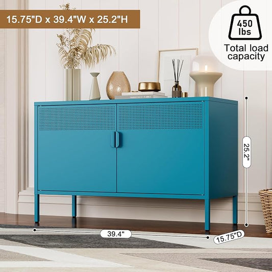 Chshin Metal Storage Cabinet with Doors,Blue Accent Cabinet,Metal Locker Storage Cabinets,2 Door TV Media Stand with Removable Shelves for,Home,Office,Entryway,Living Room