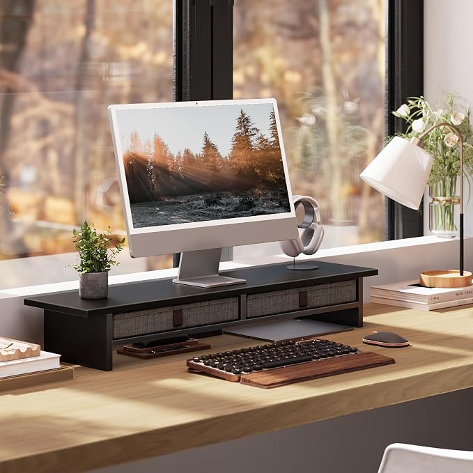 Fenge Monitor Stand with Drawer, 2 Tiers Dual Monitor Riser for Desk, 35 Inch Computer Stand for 2 Monitors, Desk Shelf for Home, Office, Laptop, PC, TV, Printer