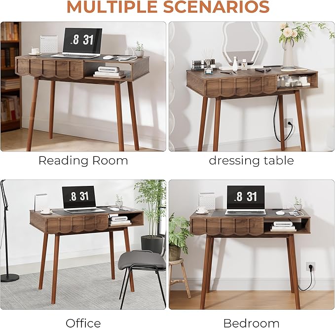 Mid Century Modern Desk, Executive Home Office Desk w/Drawer & Open Compartment, Vintage Small Computer Writing Desk for Study, Bedroom