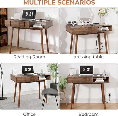 Mid Century Modern Desk, Executive Home Office Desk w/Drawer & Open Compartment, Vintage Small Computer Writing Desk for Study, Bedroom