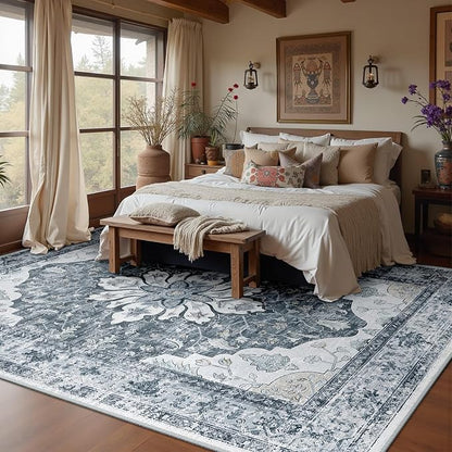 RELEANY Area Rugs Large 10'x12' Washable Non-Slip, Floral Vintage Distress Medallion Carpet for Living Room Bedroom Dining Room, Light Gray Grey White
