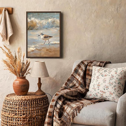 Vintage Framed Coastal Wall Art, Impressionist Sandpiper Bird Canvas Painting, Rustic Beach Ocean Wall Decor for Bathroom Bedroom Beach House 8x10 Inch