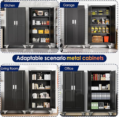 erosoei 61" H Metal Garage Storage Cabinet, Rolling Tool Cabinet with 2 Doors and Wheels, Locker Steel Cabinet with 3 Adjustable Shelves, Organization Cabinet for Garage,Office,Home,Gym,School（Black）