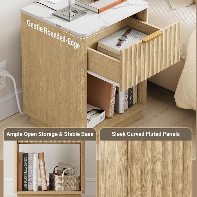 Fluted Nightstand, Modern Night Stand, Nightstand with Charging Station and Faux Marble Top, Wood End Table w/Storage, Bedside Table for Bedroom Sofa Home Office, Curved Corners,Natural Oak