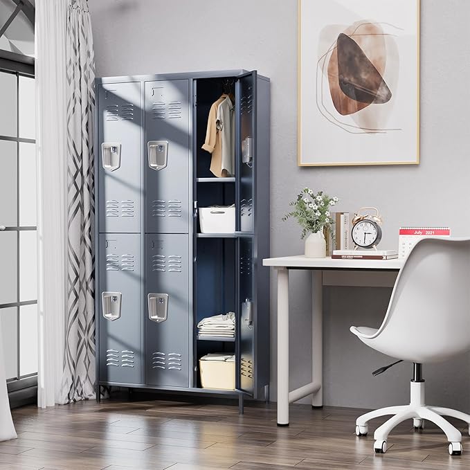 6 Door Metal Lockers for Employees,6 Heavy-Duty Hooks,72" Secure Storage for Home,Offices,Schools & Gyms | Gray