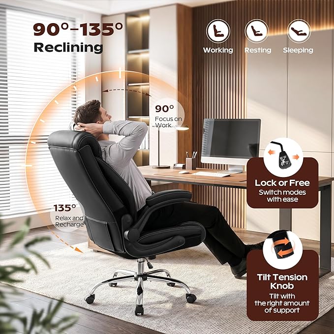 BestGlory Office Chair, Ergonomic High Back Home Office Desk Chair, Big and Tall Breathable Leather Office Chair with Lumbar Support Flip-Up Armrests, Computer Gaming Chair with Rocking Function