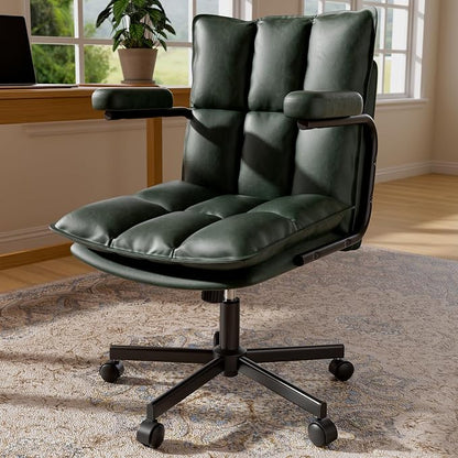 Ollega Mid Century Modern Desk Chair, Vintage Leather Office Chair, Green | Petite Computer Chair for Small to Medium Women, Thickened Back, Cozy Seat, Adjustable Height for Home