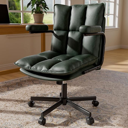 Ollega Mid Century Modern Desk Chair, Vintage Leather Office Chair, Green | Petite Computer Chair for Small to Medium Women, Thickened Back, Cozy Seat, Adjustable Height for Home