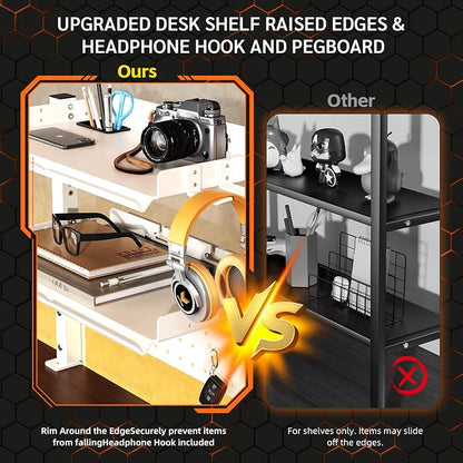 2-Tier Steel Clamp On Desk Shelf, Adjustable 16 inch Desk Storage Shelves with Pegboard and Pencil Holder,Above or Under Heavy Duty Desktop Organizer with Headphone Holder for Desk Accessories (White)