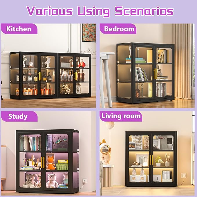 PAOFIN 34" Display Cabinet with Glass Doors, Curio Cabinet with Many Color Lights for Collectibles, Glass Display Case, Bookcase with 2 Shelves, Storage Cabinets, Assembly Required Black