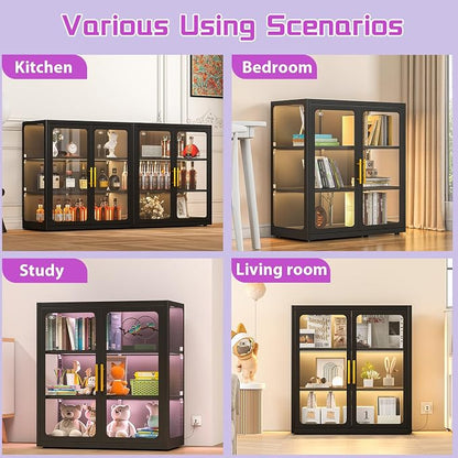 PAOFIN 34" Display Cabinet with Glass Doors, Curio Cabinet with Many Color Lights for Collectibles, Glass Display Case, Bookcase with 2 Shelves, Storage Cabinets, Assembly Required Black