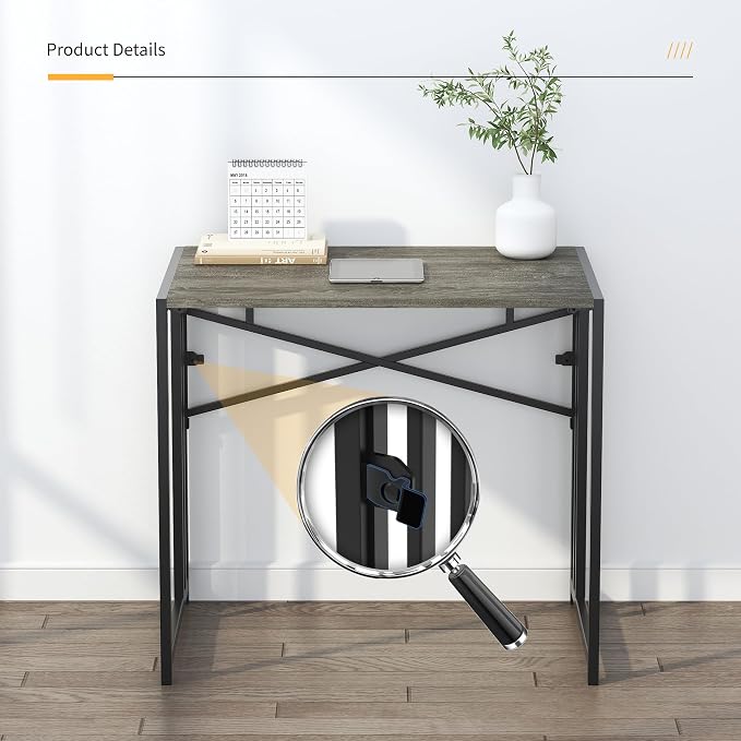 Lutown-Teen 32 inch Small Folding Desk, Writing Gaming Computer Camping Desk for Small Spaces, No Assembly Required Home Office Desk, Black Oak