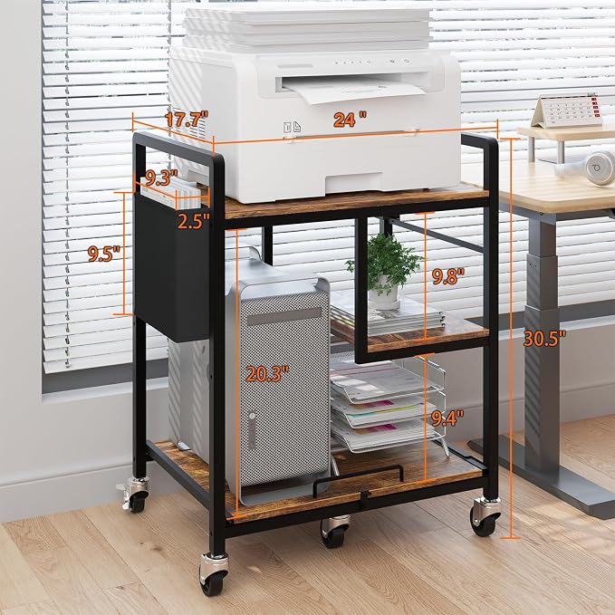 Sedegn Large Printer Stand with Wheels: Lockable Rolling Printer Cart | 24 x 18 Inch Top Fits Laser Printers Shredders and PC Towers 3-Outlet Power Strip and Storage Bag for Home Office (Brown)
