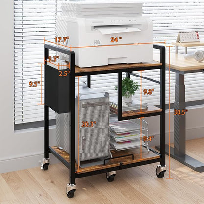 Sedegn Large Printer Stand with Wheels: Lockable Rolling Printer Cart | 24 x 18 Inch Top Fits Laser Printers Shredders and PC Towers 3-Outlet Power Strip and Storage Bag for Home Office (Brown)
