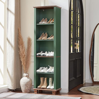SAVOR LIFE Narrow Green Book Shelf, 70" Tall Skinny Bookshelf with Adjustable Shelves & Wooden Legs, Farmhouse Wood Bookcase w/5-Tier Open Storage, Free Standing Book Case for Office, Living Room