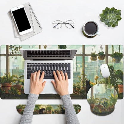 Britimes Cute Cat Keyboard Mouse Pad Set Green Plants 4in1 Large Mousepad+Keyboard Wrist Rest+Mouse Wrist Rest+Coaster Ergonomic Design for Home Office Computer 35.4x15.7 inches