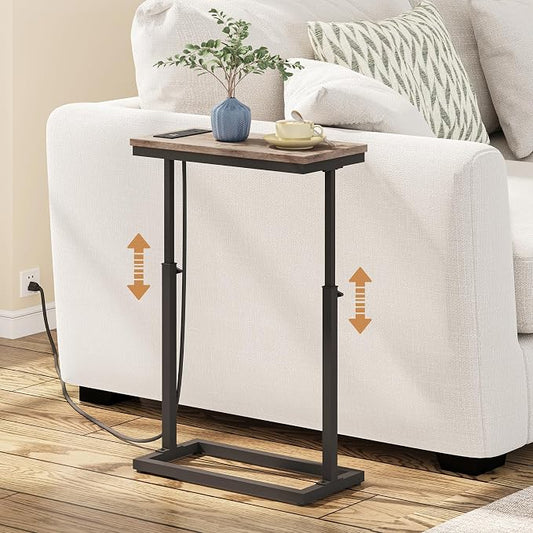 TUTOTAK End Table with Charging Station, Side Table, Tall Couch Table, Sofa Table, Living Room, Bedroom,Greige TB01BG084