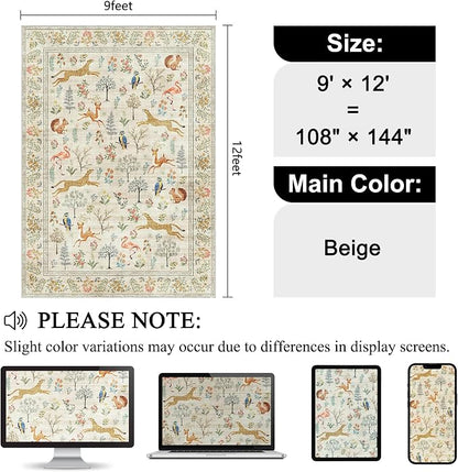 DUKINO 9x12 Rug, Washable Animal Living Room Rug with Non Slip Vintage Design, Soft Low Pile Large Carpet for Bedroom, Nursery, Dining Room, Farmhouse, Playroom, White