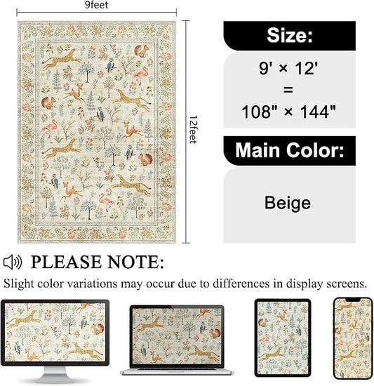 DUKINO 9x12 Rug, Washable Animal Living Room Rug with Non Slip Vintage Design, Soft Low Pile Large Carpet for Bedroom, Nursery, Dining Room, Farmhouse, Playroom, White