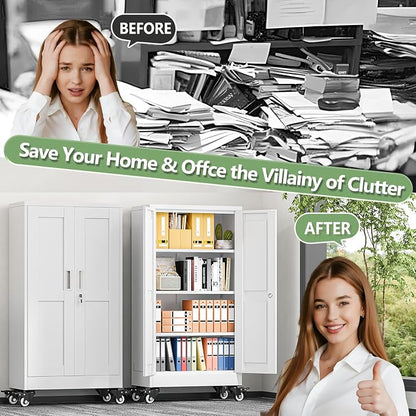 Metal Garage Storage Cabinets and storage system, 46”Tall Rolling utility cabinet with Wheels, Lock, 3 Adjustable Shelves, Heavy Duty Steel Tool Locker for Home Office, Utility Room, Gym,White
