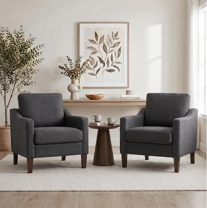 VKNOW Mid-Century Accent Chair, No Tools Assembly Required, Modern Upholstered Polyester Armchair for Living Room,Comfy Reading Accent Chairs with Wood Legs for Bedroom, Dark Grey
