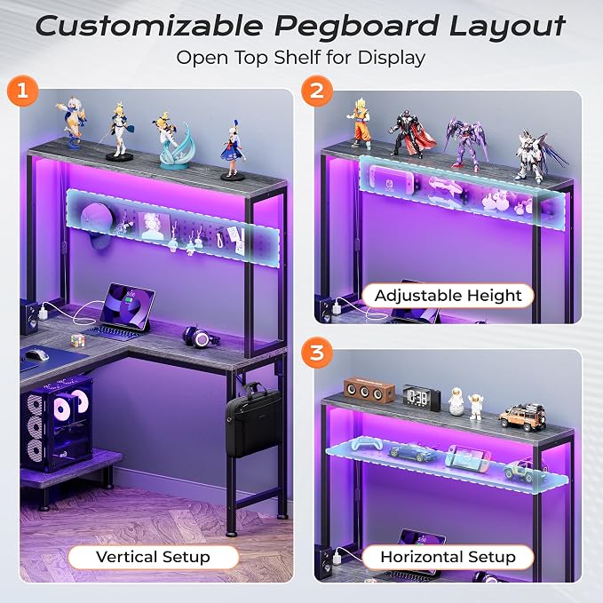 PRAISUN L Shaped Gaming Desk with LED Lights & Power Outlets, Reversible Computer Desk with Storage Shelves & Bag, Large Corner Home Office Desk with Pegboard for Work from Home, Grey