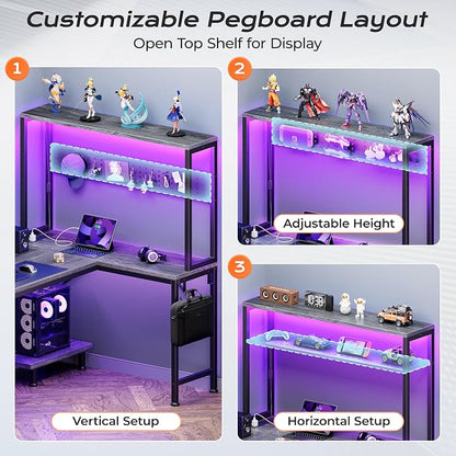 PRAISUN L Shaped Gaming Desk with LED Lights & Power Outlets, Reversible Computer Desk with Storage Shelves & Bag, Large Corner Home Office Desk with Pegboard for Work from Home, Grey