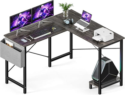 L Shaped Desk Gaming Computer 50 Inch Corner Desks Work Table for Writing Study Student with Wood Tabletop Metal Frame CPU Stand Side Bag for Home Office Small Place, Grey