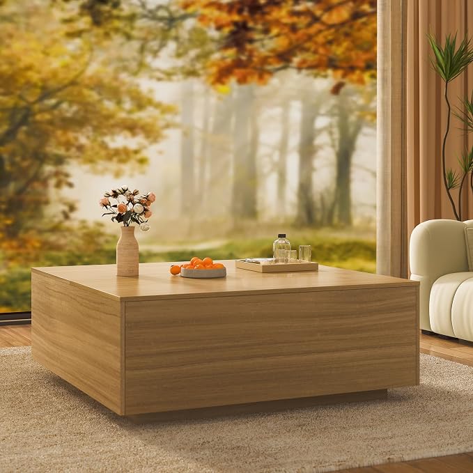 43 Inch Large Square Coffee Table with Storage,Modern Wooden Coffee Table with 2 Drawers Storage for Living Room,Mid Century Tea Table/Aesthetic Coffee Tables Center Table for Home Office(Oak)