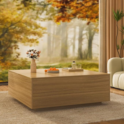 43 Inch Large Square Coffee Table with Storage,Modern Wooden Coffee Table with 2 Drawers Storage for Living Room,Mid Century Tea Table/Aesthetic Coffee Tables Center Table for Home Office(Oak)