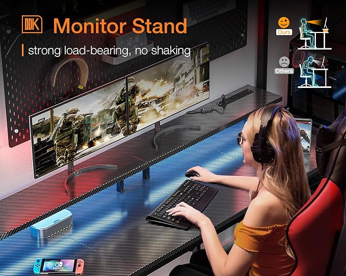 ODK 63 inch Computer Desk with Power Outlets & LED Lights, Gaming Desk with Monitor Stand & Storage Sheves, Home Office Desk, Carbon Fiber Black
