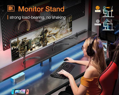 ODK 63 inch Computer Desk with Power Outlets & LED Lights, Gaming Desk with Monitor Stand & Storage Sheves, Home Office Desk, Carbon Fiber Black