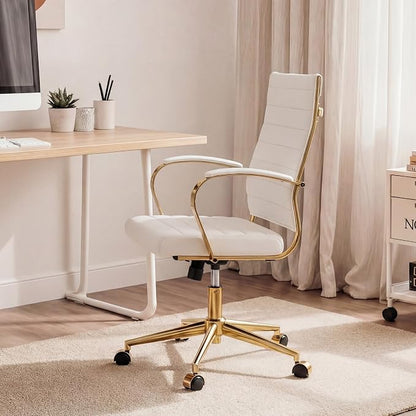 Okeysen Gold Office Desk Chair, Ergonomic Leather Modern Conference Room Chairs, Executive Ribbed Height Adjustable Swivel Rolling Golden Chair for Home Office.