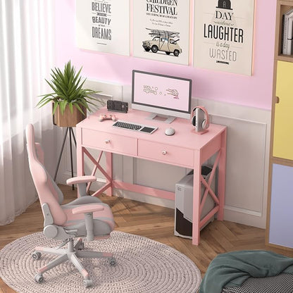 WiberWi Home Office Desk with Drawers, Modern Writing Computer Desk for Bedroom, Small Makeup Vanity Table Study Table for Home Office,Pink