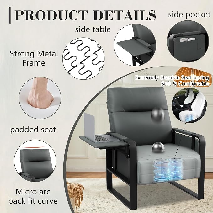 Alunaune Upholstered Living Room Chair Armchair, Mid Century Faux Leather Metal Accent Chair, Reception Couch Slipper Club Lounge Chair Guest Comfy Single Sofa with Sidetable for Bedroom-Dark Grey