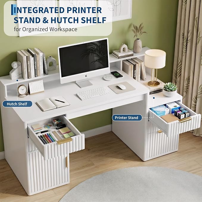 IDEALHOUSE Rectangular Computer Desk with Hutch & Printer Stand, Ripple Door Storage Home Office Desk, Space-Saving Study Writing Desk for Bedroom, Sturdy Board Student Desk with Easy Assembly