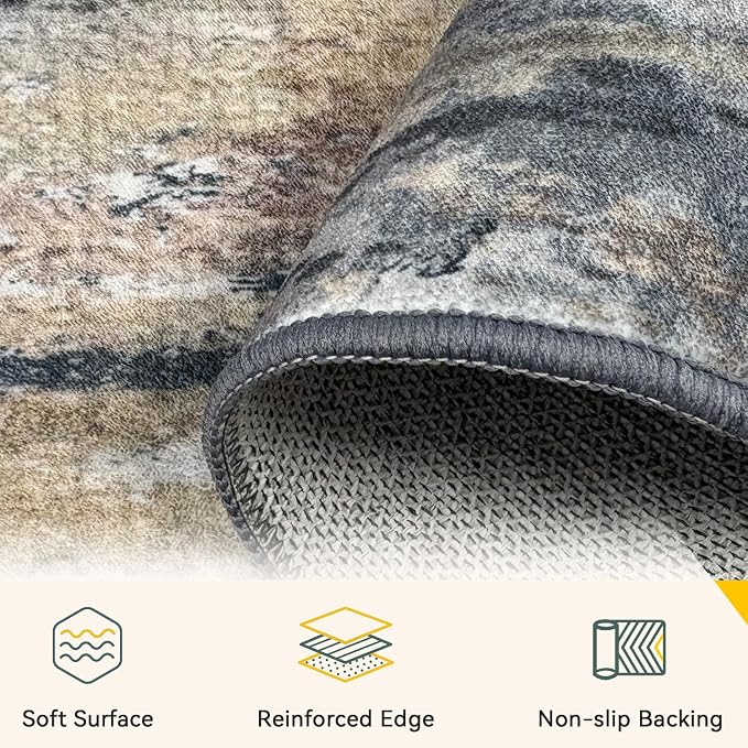 RELEANY Washable Area Rugs 8'x10' Non-Slip Modern Abstract Soft for Living Room Entryway Bedroom Kitchen, Print Pattern, Charcoal Brown