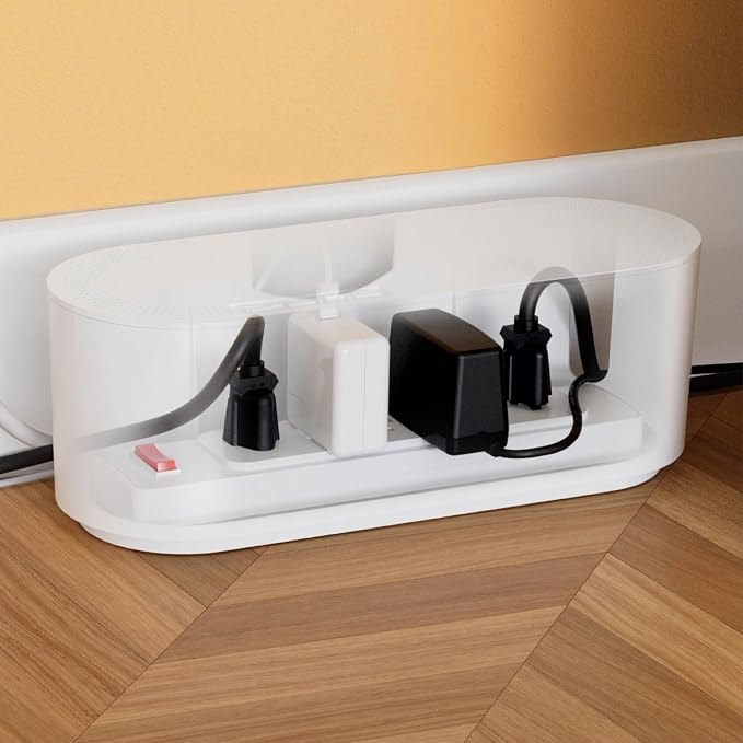 D-Line Cable Management Box, Power Strip Holder, Floor Outlet Hiders, Desk Cord Organizer, Cover TV Wires, Wire Storage – 16.5 in (Length) x 6.5in (Width) x 5.25in (Height) - Large, White