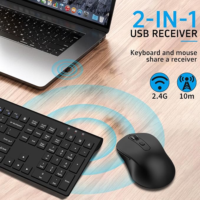 Full-Size Computer Keyboard with Calculator Button, 2400 Dpi Ergonomic Mouse, Ultra-Thin Cordless USB Keyboard and Mouse Set for Laptop Windows Mac - Black