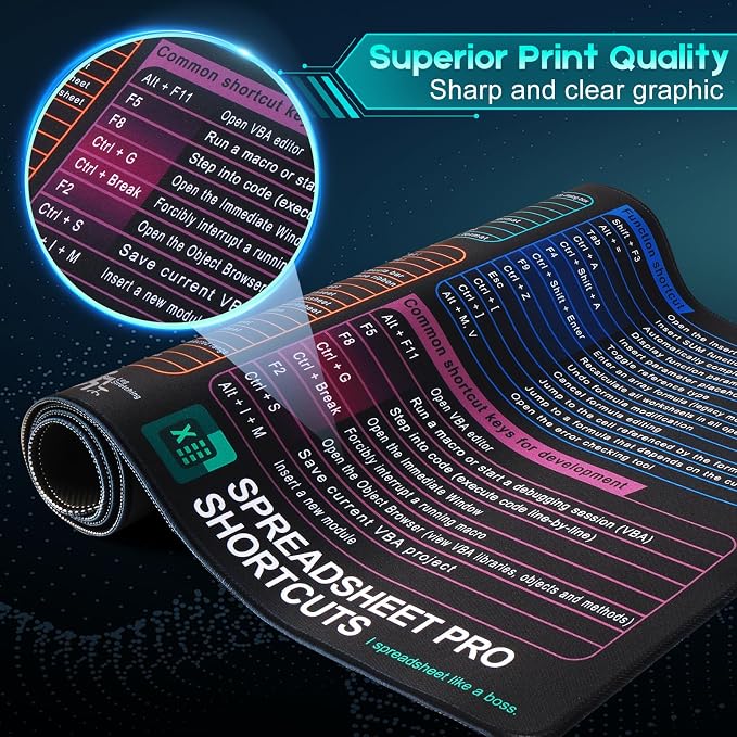 Excel Cheat Sheet Mouse Pad, XXL Non-Slip Desk Mat with Excel Shortcuts, Office Desk Pad for Spreadsheet Users, Accountants, Students & Home Office, Army Green