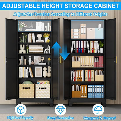 pozdeg 75" Tall Metal Storage Cabinet with 2 Doors & 5 Adjustable Shelves, Steel File Cabinet Multipurpose Organizer for Home Office Garage (Black)