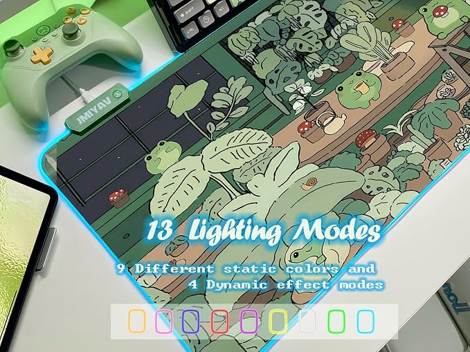 JMIYAV Little Frog RGB Green Gaming Mouse Pad 31.5x12 Inch PC XL Large Glowing Led Light Up Desk Pad Non-Slip Rubber Base Computer Cute Mousepad Mat Desk Accessories Gaming Setup 31.5x12 Inch
